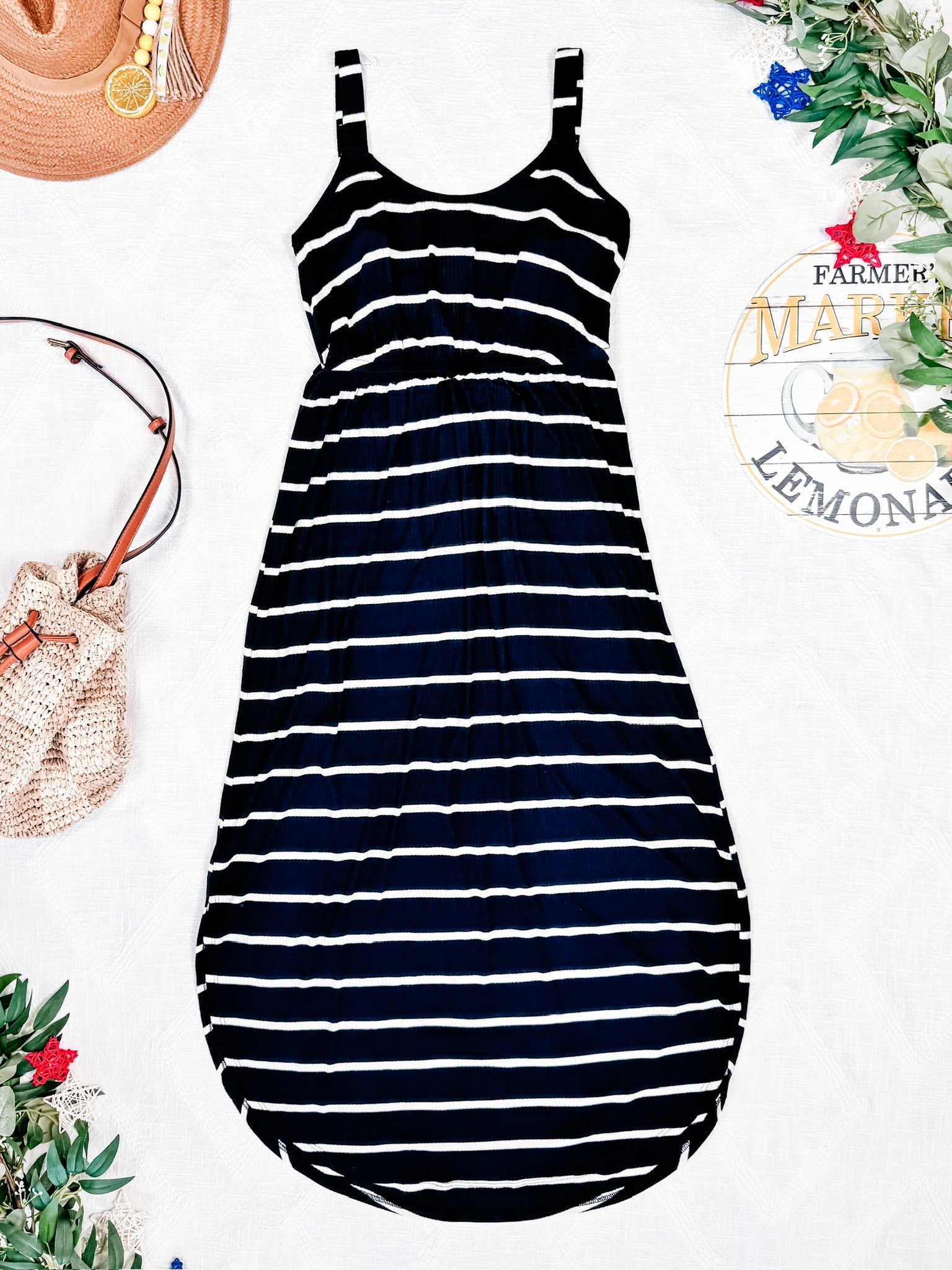 Reagan Ribbed Midi Dress - Midnight Navy Stripes